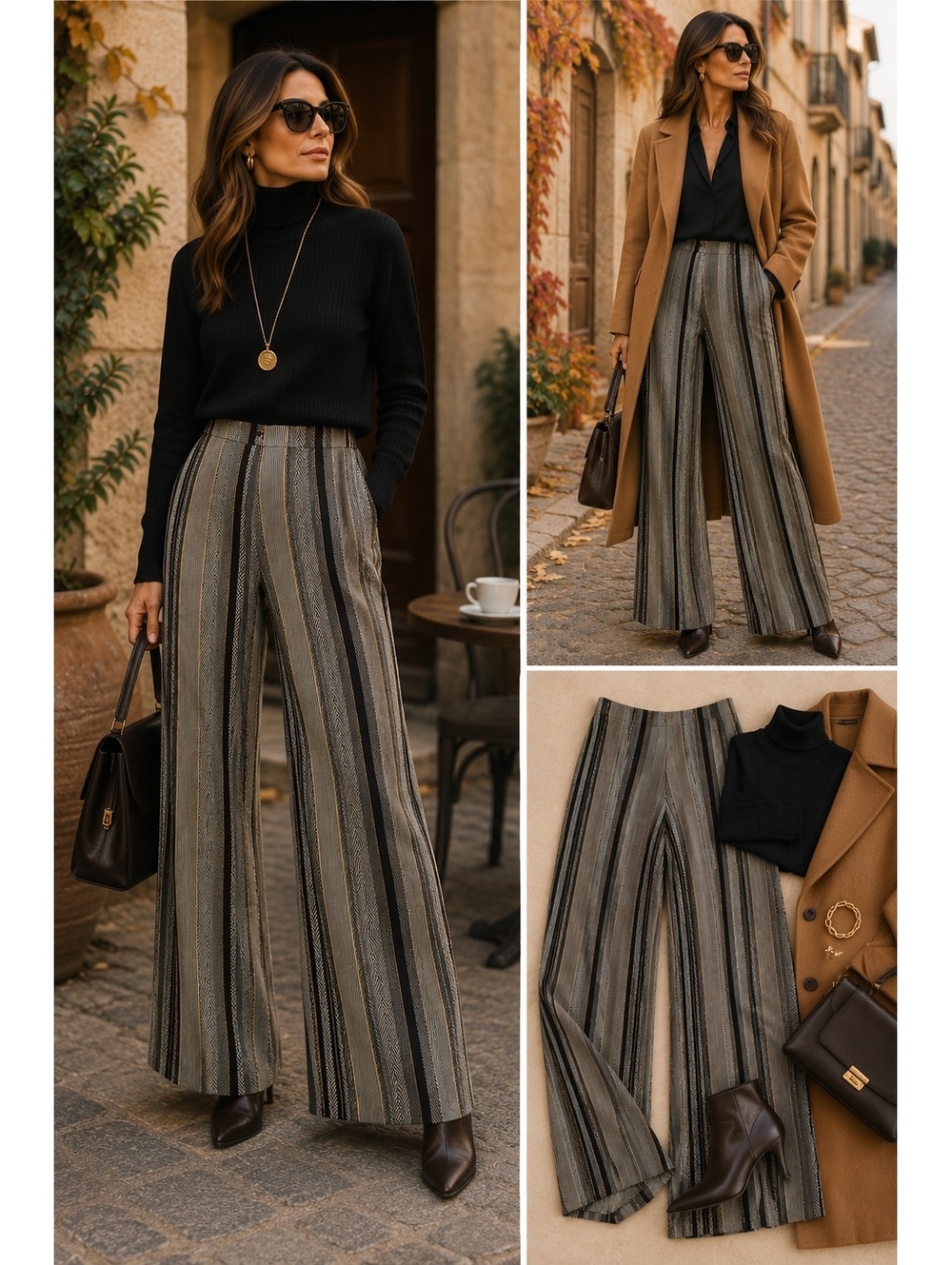 Wide-Leg Striped Trousers — Black & Taupe